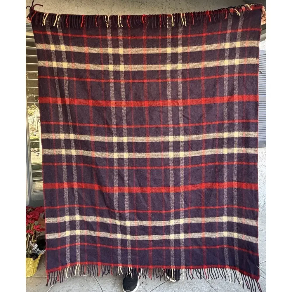 Vtg 60’s 100% Wool Throw Blanket Red Blue Tartan Plaid MCM‎ Small Twin 76x55